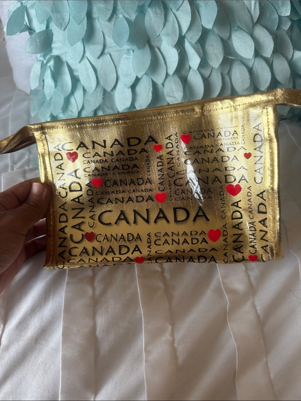 Gold Canada Print Wristlet Pouch with Red Heart Accents